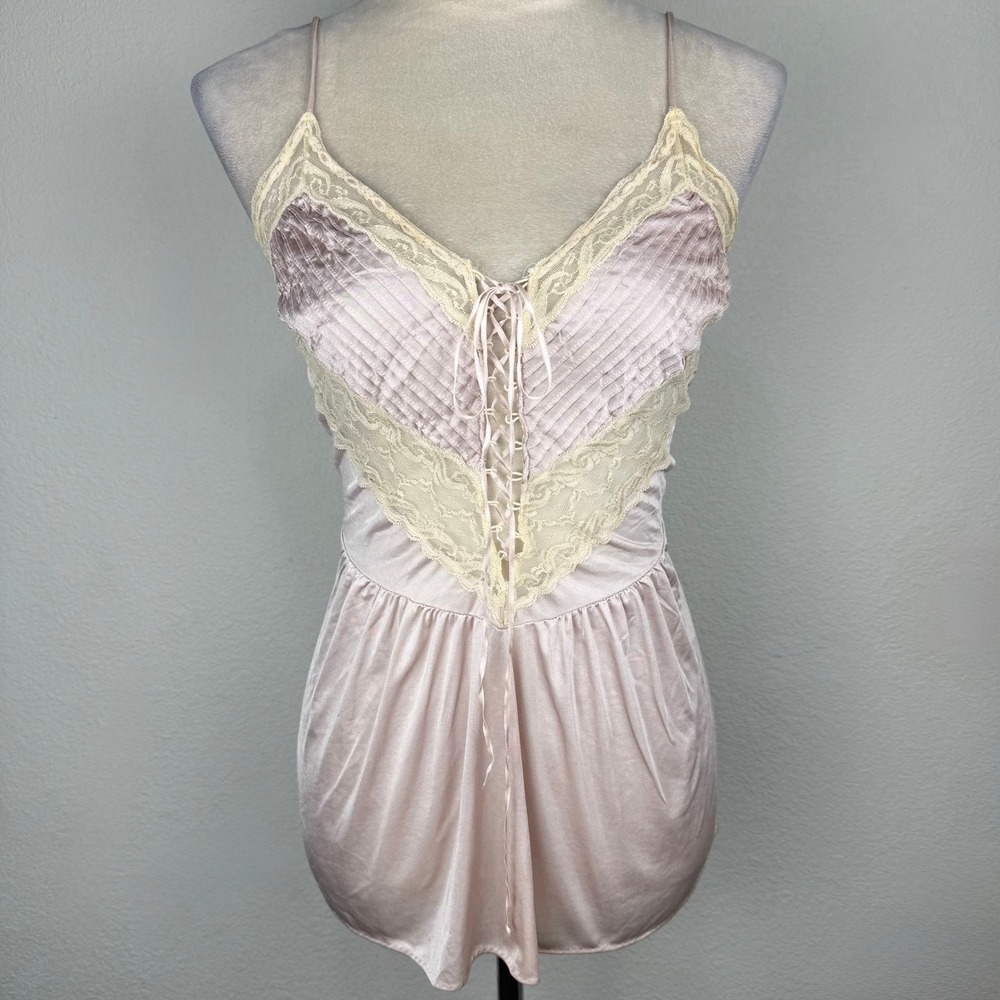 Vintage 70's Flair Pink Nylon Lace Trim Lace Up Camisole Top Union Made Medium